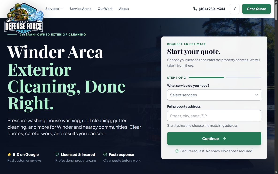 Desktop view of the real Clean Defense Force exterior-cleaning website and estimate form